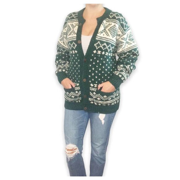 Vintage Joseph Anthony Collection Handknitted Wool Cardigan Sweater Green Cream - Picture 3 of 12